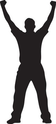 A figure of a bowler in mid-celebration, arms elevated high in a moment of victory after a successful delivery. Full-length silhouette black illustration.