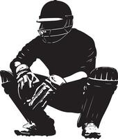 A silhouette of a wicketkeeper in a defensive position, crouched and prepared to catch the ball. Full-length silhouette black illustration. vector