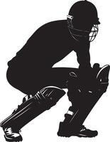 A wicketkeeper crouched low behind the stumps, gloves poised and ready for action. Full-length silhouette black illustration. vector