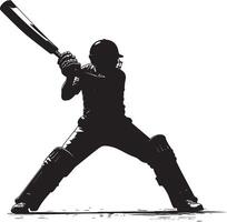 Powerful Cricket Shot Pose Batter in full swing, bat fully extended, black silhouette . vector