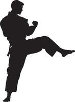 An individual delivering a strong side kick, with their foot pushed out while keeping their arms in a protective stance. Full-length silhouette black illustration. vector