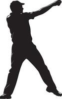 A silhouette of a bowler in mid-action, arm extended forward. vector