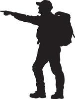 Guiding Hiker Person pointing ahead, signaling direction, full-length silhouette . vector