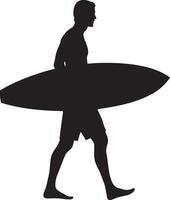 Beach Walk with Surfboard Surfer holding board on shoulder, full-length silhouette. vector