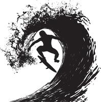 A surfer crouched low, riding inside the hollow barrel of a wave. full length silhouette black illustration vector