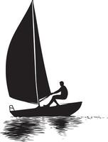 Sailing Tacking Maneuver Person shifting sides, adjusting sail, black silhouette . vector