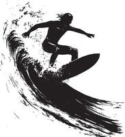 A surfer leaning sharply into a turn at the base of a wave. full length silhouette black illustration vector