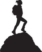 Mountain Pose Hiker standing tall on a rock, foot lifted in a confident stance, black silhouette. vector
