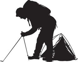 Hiker Setting Up Tent A person bending down, securing tent stakes or poles. full length silhouette black illustration vector
