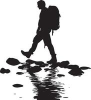 River-Crossing Hiker Person stepping on rocks or wading through shallow water, full-length silhouette . vector