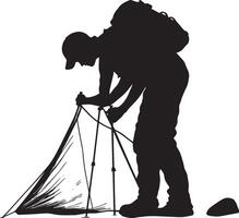 Tent Setup Hiker Person bending to secure tent stakes, full-length silhouette . vector