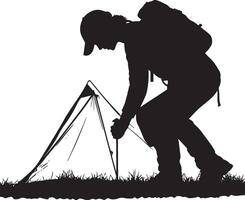 Camping Hiker Individual setting up a tent, securing poles or stakes, black silhouette. vector
