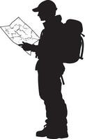 Hiker with Map Individual studying a folded map, black silhouette. vector