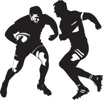 Breaking Tackle A rugby player pushing through an attempted tackle, with one arm extending to fend off the defender. full length silhouette black illustration vector