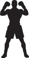 Guarded Pose Boxer with fists high to defend head and chin, black art. vector
