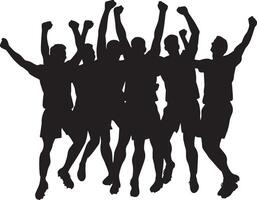 Celebrating with Teammates Silhouette A group of players in a circle or huddle, celebrating a goal, with arms raised or giving high-fives. full length silhouette black illustration vector