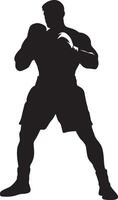 Preparing for Cross Punch Boxer with fists close to the face in a cross guard position, black silhouette. vector