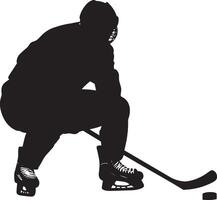 Faceoff Position Player crouched with knees bent, stick on the ice, waiting for the puck drop, full-length silhouette . vector