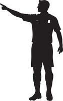 A silhouette of a referee with one arm raised vertically and the other arm pointed forward toward the team awarded the throw-in. full length silhouette black illustration vector