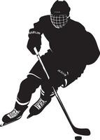 Net Attack Player skating aggressively, stick outstretched, preparing for a shot on goal, silhouette illustration. vector