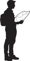 Exploration Check Person with map or compass, examining the route ahead, black art. vector
