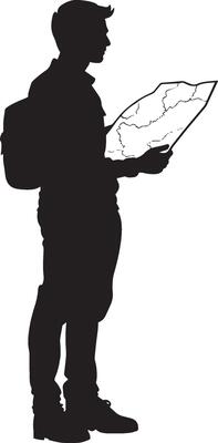 Exploration Check Person with map or compass, examining the route ahead, black art.