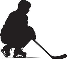 Ready for Faceoff Player poised to win the puck drop, stick on the ice, black art. vector