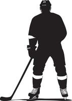 Defensive Stance Defenseman standing tall with wide stance, stick on the ice, ready to protect the zone, full-length silhouette . vector