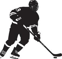 Deking Silhouette A player moving the puck back and forth in front of them, faking a shot or pass to mislead the defender or goalie. full length silhouette black illustration vector