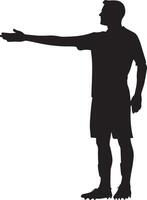 A silhouette of a referee with one arm extended horizontally to the side, indicating that the attacking team is awarded a corner kick. full length silhouette black illustration vector