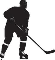 Ready to Defend Defenseman in wide stance, stick on ice, ready to block or intercept the puck, silhouette illustration. vector