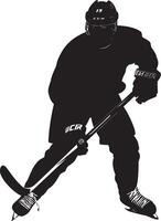 Defensive Position Player in a wide stance, stick planted, poised to intercept or defend, black silhouette. vector