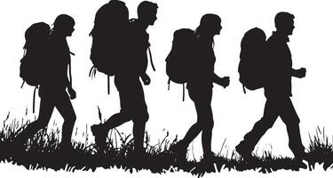 Group Hiking People walking together along a trail, backpacks on, enjoying the scenery vector