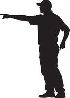 Judge standing by the baseline, arm outstretched, calling a shot in or out, full-length silhouette . vector