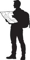 Map Reading Person standing still, holding a map or compass, analyzing the route, full-length silhouette . vector