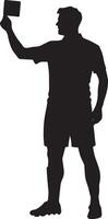 Referee holding a red card high in one hand, signaling a player's expulsion, full-length silhouette . vector