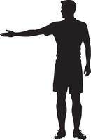 Official with arm extended horizontally, signaling the direction of the free kick, black silhouette. vector