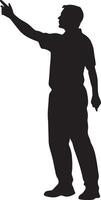 Referee blowing a whistle with one arm raised high to indicate a stoppage in play, full-length silhouette . vector