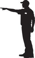 Line judge calling a shot, arm outstretched, focused expression, silhouette illustration. vector