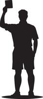 Official raising a red card to signify a player's removal from the game, black silhouette. vector