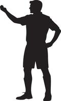 yellow card in one hand, the other hand on their hip, indicating a caution to a player, full-length silhouette . vector