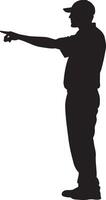 Line judge with arm raised, making a shot call, full-body silhouette. vector