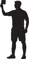 Referee with red card held high, indicating a player's expulsion, silhouette illustration. vector