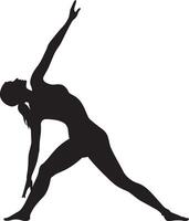 A person in triangle pose with a twisted torso, one hand reaching the floor, full-length silhouette illustration. vector