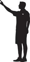 Official blowing a whistle, arm raised high, signaling a pause in the game, black silhouette. vector