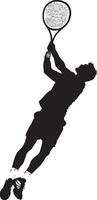 A player in mid-air, extending their body and racket to hit an overhead serve, full-length silhouette . vector
