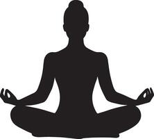 A person sitting cross-legged with hands on their knees, eyes closed, in a relaxed pose, full-length silhouette . vector
