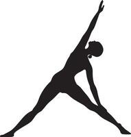 A person in Revolved Triangle Pose, torso twisted toward the extended arm, reaching down with the other hand, full-length silhouette . vector