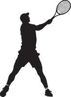 A player executing an underhand serve, racket low with a gently tossed ball, full-length silhouette . vector