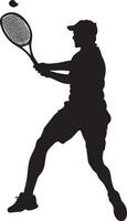 A player hitting a slice serve with a racket angled to spin the ball, full-length silhouette . vector